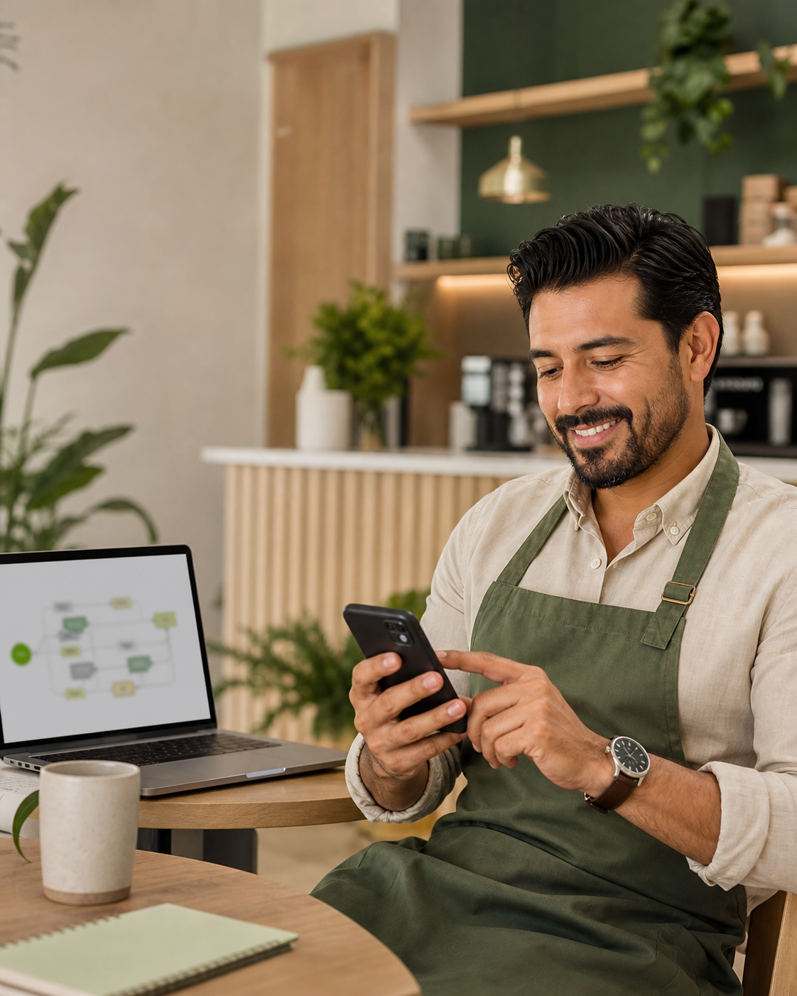Dueño de negocio local usando su teléfono con un sistema de IA
