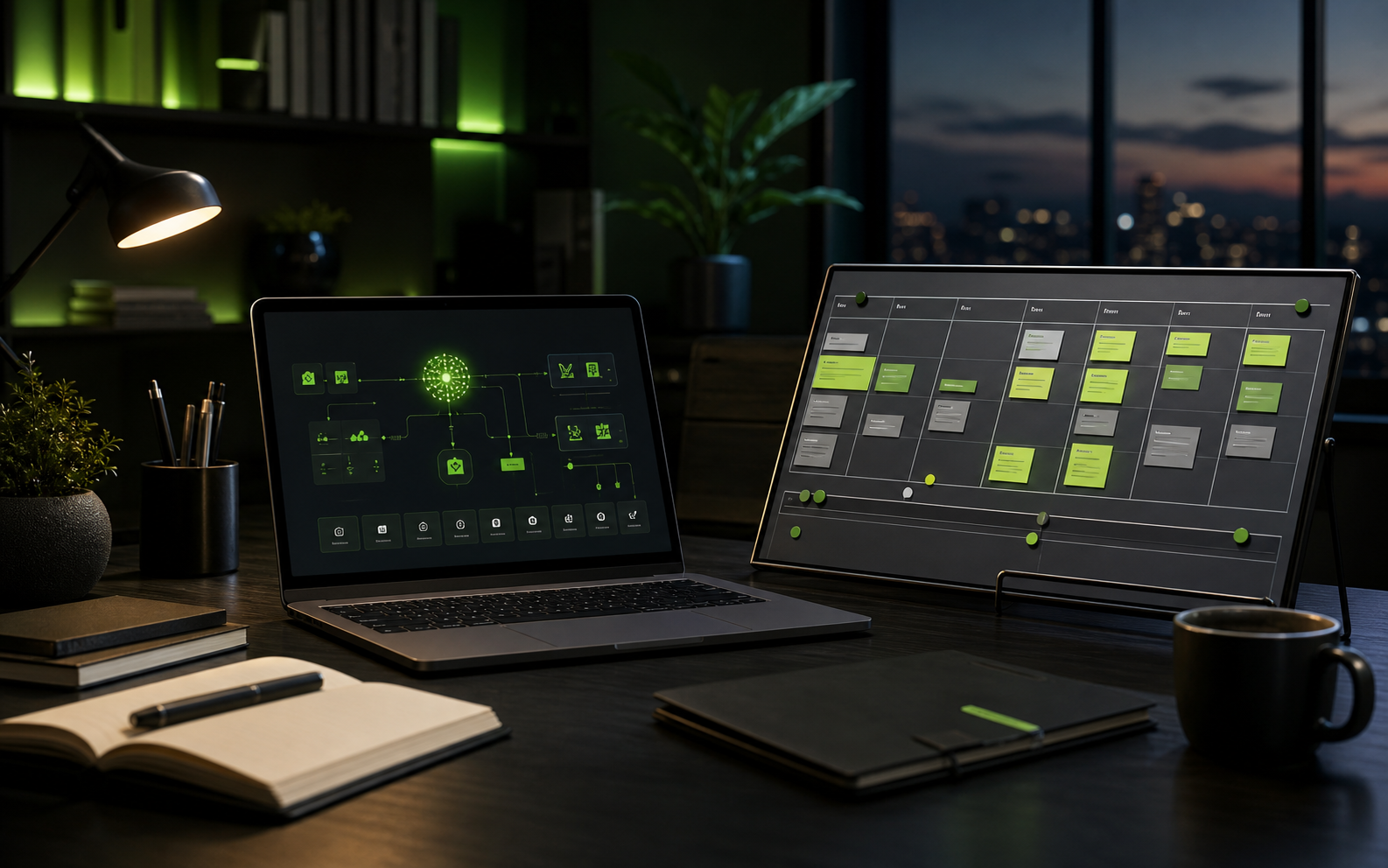 Espacio de trabajo con sistema de automatización y planificación semanal